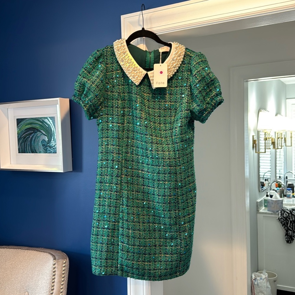 Fate Green Tweed Dress with Pearl Collar
